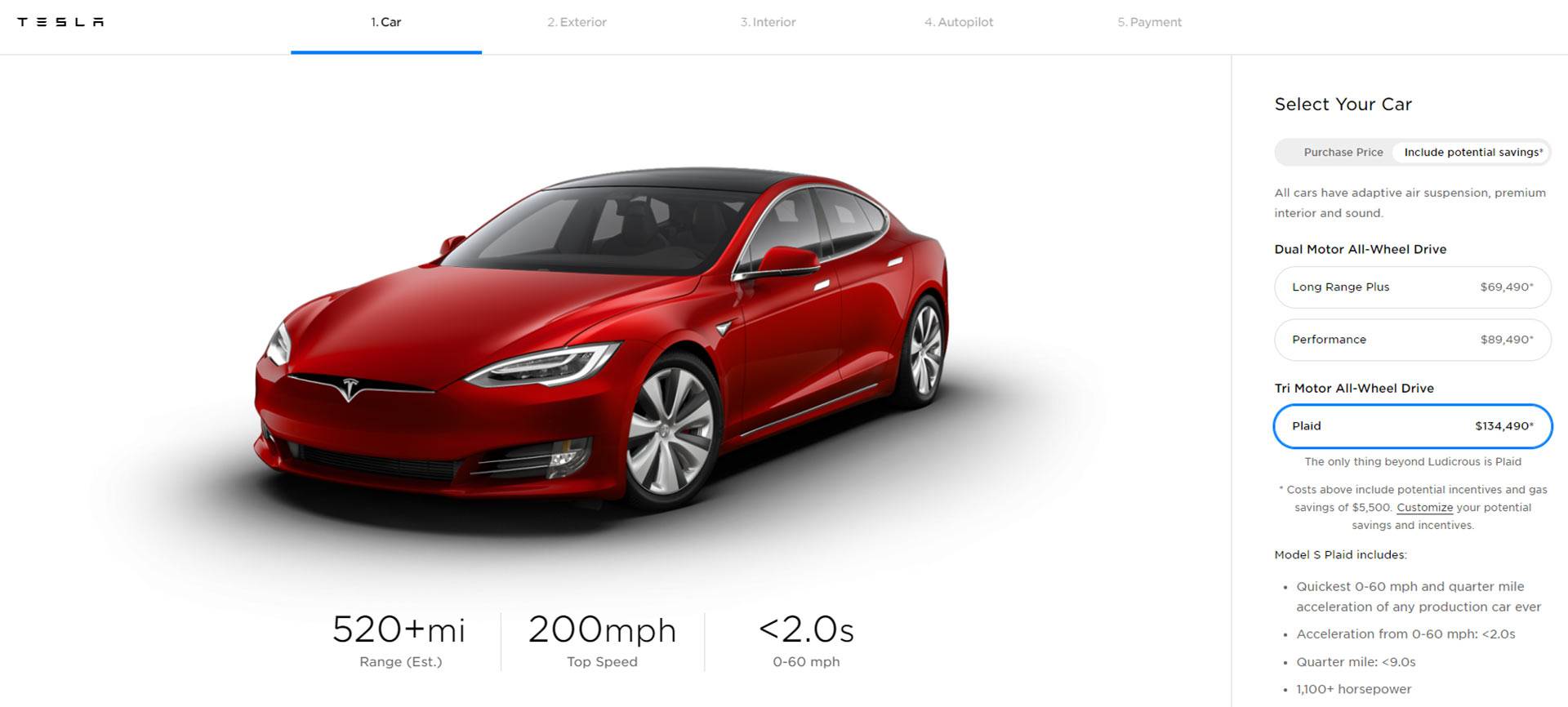 a Model S Plaid megrendelői felülete a Tesla hivatalos oldalán