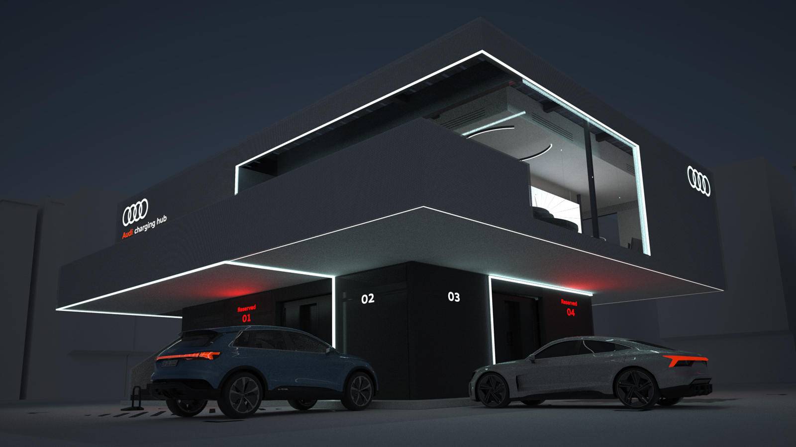 Audi autók töltés közben a Charging Hub mellett – látványterv 